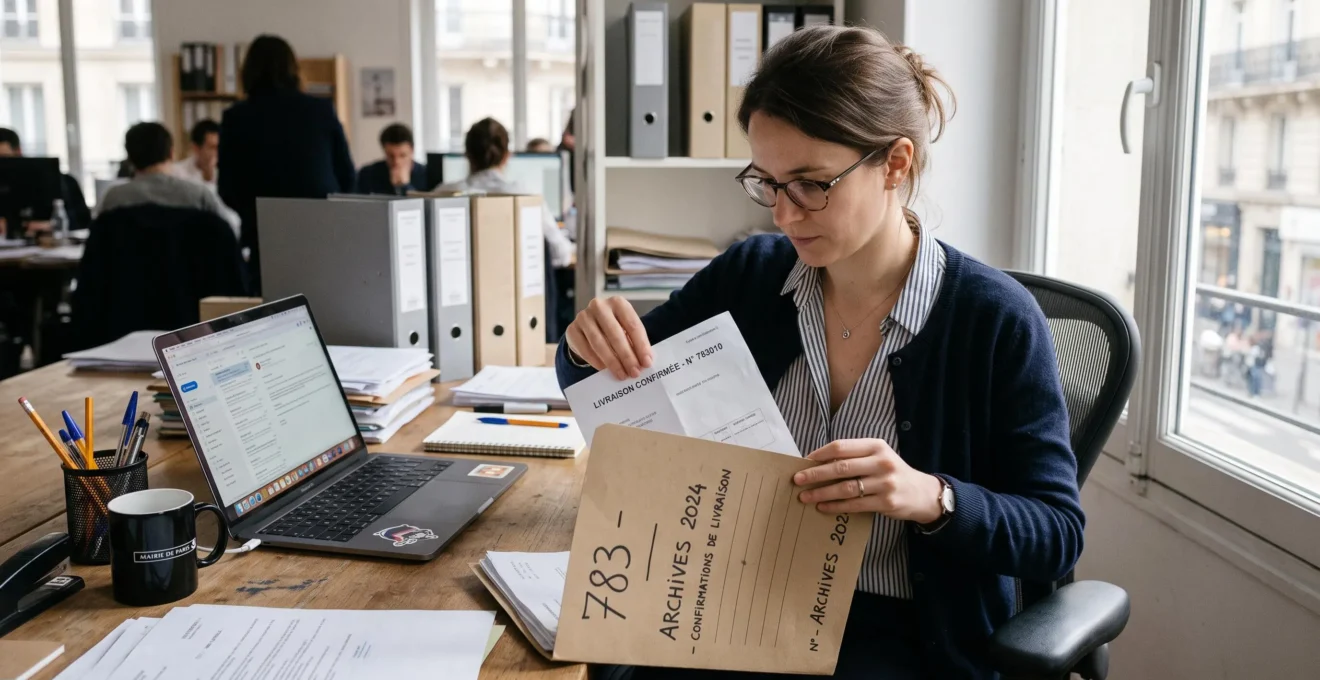 Une professionnelle range un avis de réception dans un dossier d'archives au bureau.