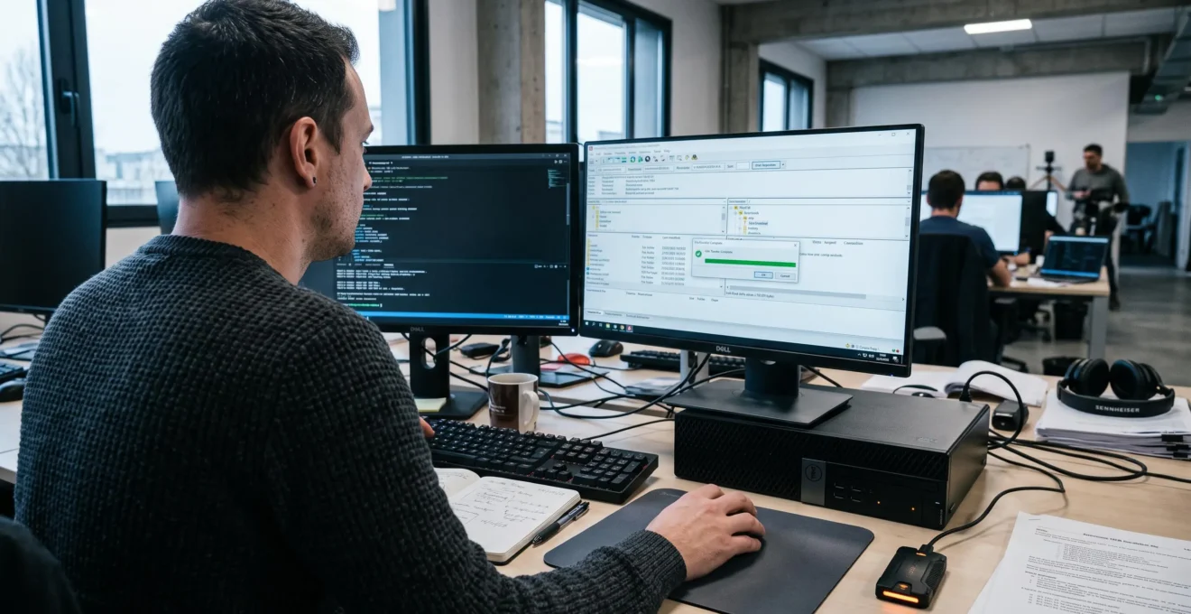 Un professionnel informatique lance un transfert sécurisé de fichiers sur son poste.