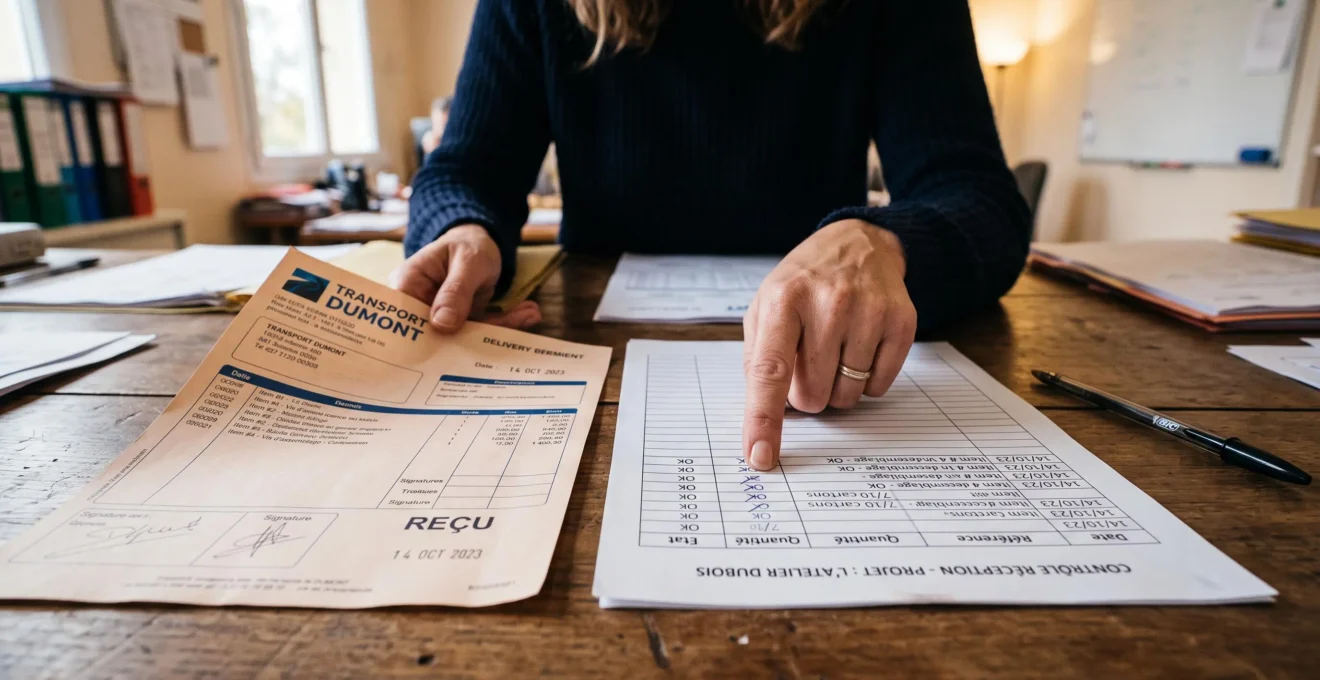 Des mains comparent un justificatif de réception avec une liste de vérification au bureau.